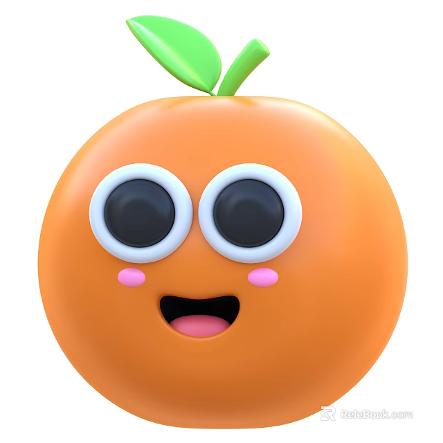 Cute Orange Fruit With Smiling Face Big Eyes Pink Cheek Dots And Green Top Leaves 3d model 