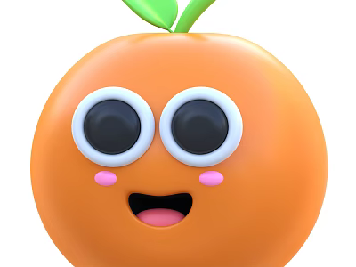 Cute Orange Fruit With Smiling Face Big Eyes Pink Cheek Dots And Green Top Leaves 3d model