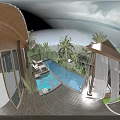 Tropical Landscape With Infinity Pool Palm Trees Lush Greenery And Flower Petals On Wooden Deck