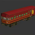 Red Train Car Model With Yellow Door And Shiny Surface On Reflective Background 3d model