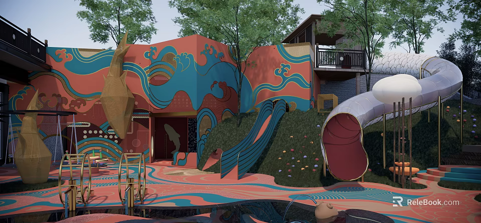 Colorful Kids Play Area With Wave Pattern Buildings Slides Trees And Vibrant Design 3d model 