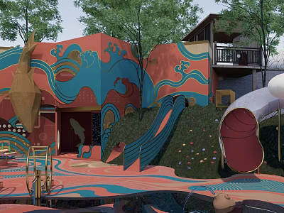Colorful Kids Play Area With Wave Pattern Buildings Slides Trees And Vibrant Design 3d model