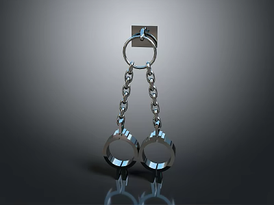 Shiny Silver Handcuffs With Chain Hanging On Square Hook Gray Background 3d model
