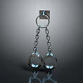 Shiny Silver Handcuffs With Chain Hanging On Square Hook Gray Background