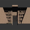 Modern Symmetric Brick Bookcase Design With Decorative Metal Gate Black Countertop Filled With Stacked Books