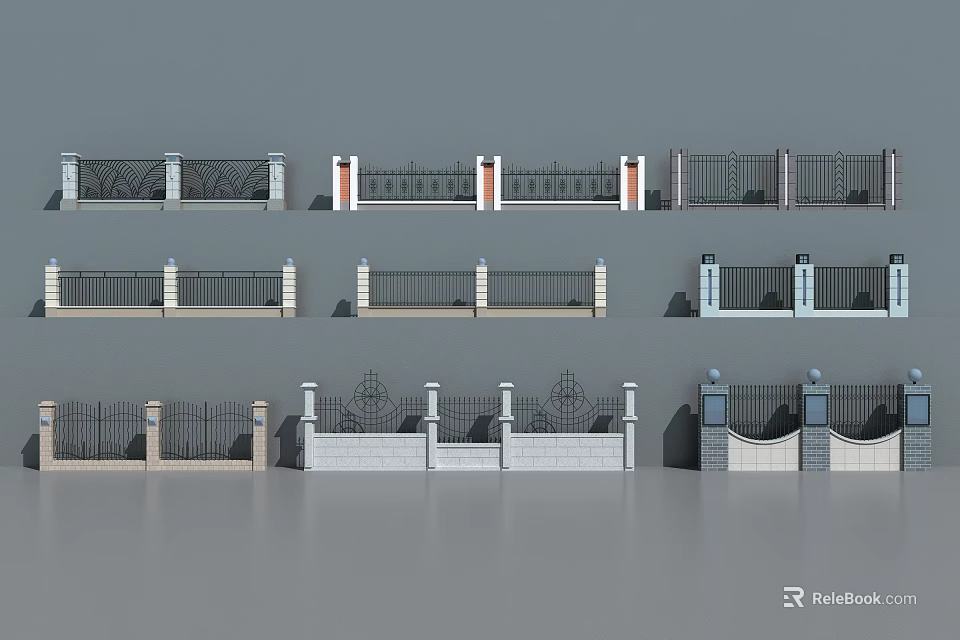 Building Exterior Wall Featuring Various Decorative Railing Styles And Designs 3d model