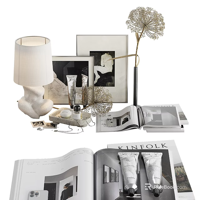 Modern Decorative Ornament Set with Table Lamp Picture Frames Decorative Branches Open Books and Skincare 3d model 