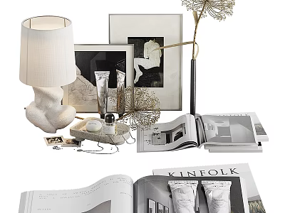 Modern Decorative Ornament Set with Table Lamp Picture Frames Decorative Branches Open Books and Skincare 3d model