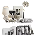 Modern Decorative Ornament Set with Table Lamp Picture Frames Decorative Branches Open Books and Skincare