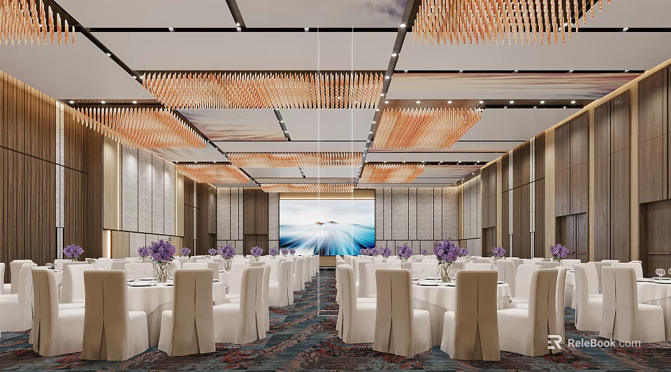 Elegant Banquet Hall Interior With White Chairs Purple Flowers And Large Screen Chandeliers 3d model 