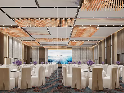 Elegant Banquet Hall Interior With White Chairs Purple Flowers And Large Screen Chandeliers 3d model