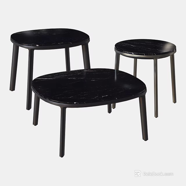Modern Black Coffee Tables Set Featuring Sleek Legs and Smooth Top Surface Design 3d model