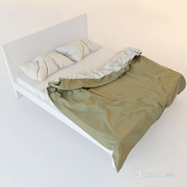 Simple Double Bed With White Headboard Two Pillows And Green Comforter 3d model 