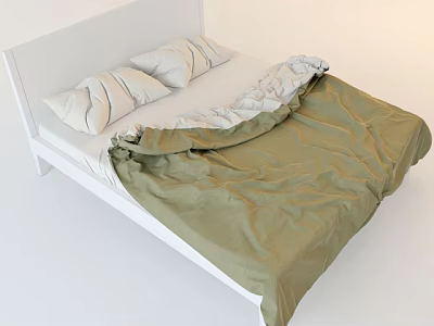 Simple Double Bed With White Headboard Two Pillows And Green Comforter 3d model