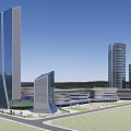 Modern Office Buildings Complex Featuring Tall Towers Green Spaces And Urban Roads