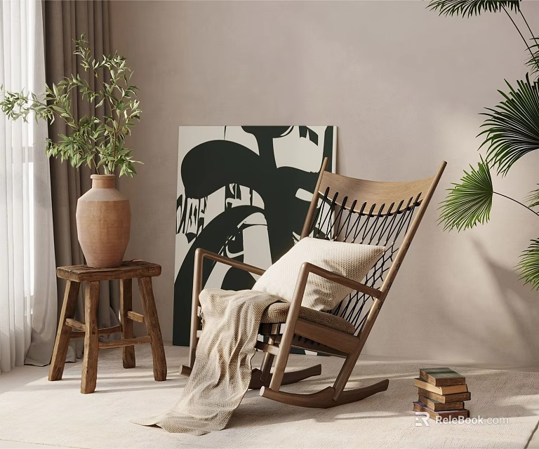 Cozy Wooden Rocking Chair with Blanket Beside Small Stool and Green Plants Near Abstract Painting 3d model 