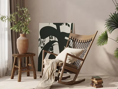 Cozy Wooden Rocking Chair with Blanket Beside Small Stool and Green Plants Near Abstract Painting 3d model