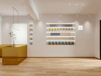 Modern Retail Interior With Golden Reception Counter Product Shelves Small Plant Wooden Flooring And Spotlights 3d model