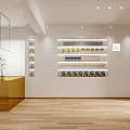 Modern Retail Interior With Golden Reception Counter Product Shelves Small Plant Wooden Flooring And Spotlights