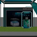 Exhibition Booth Setup With Turquoise Tents Circular Track Large Screen And Flags 3d model
