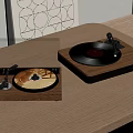 Vintage Turntables With Vinyl Records And Geometric Pattern Painting On Wooden Table Interior