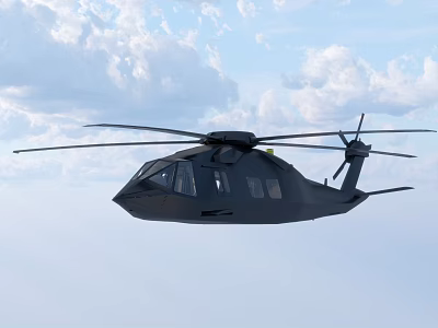 Black Helicopter Flying High Above in Blue Sky with White Clouds 3d model