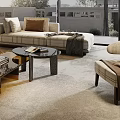 Modern Spacious Bright Living Room With Beige Sofa Wooden Coffee Tables Large Windows Trees Outside And Wooden Slat Ceiling