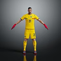 Man in Yellow Soccer Goalkeeper Uniform Number 21 With Red Gloves Full Body Posing