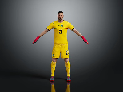 Man in Yellow Soccer Goalkeeper Uniform Number 21 With Red Gloves Full Body Posing 3d model