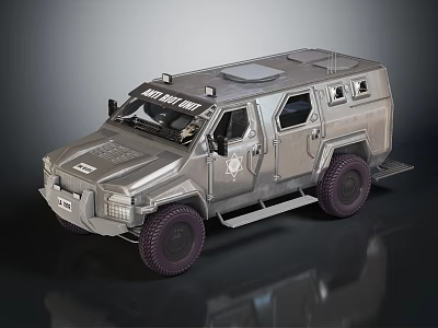 Silver Armored Functional Vehicle Featuring Roof Tactical Equipment And Large Off-Road Tires 3d model