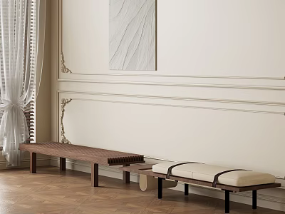 Elegant Wooden Bench With Upholstered Seats In Interior With Light Walls And Wooden Floor 3d model