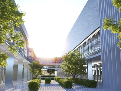 Modern Office Building With Courtyard Trees And Bushes Glass Curtain Walls And Bright Sunlight 3d model