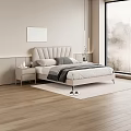 Double Bed with Upholstered Vertical Tufted Headboard White Sheets Gray Pillow Nightstands and Wall Art
