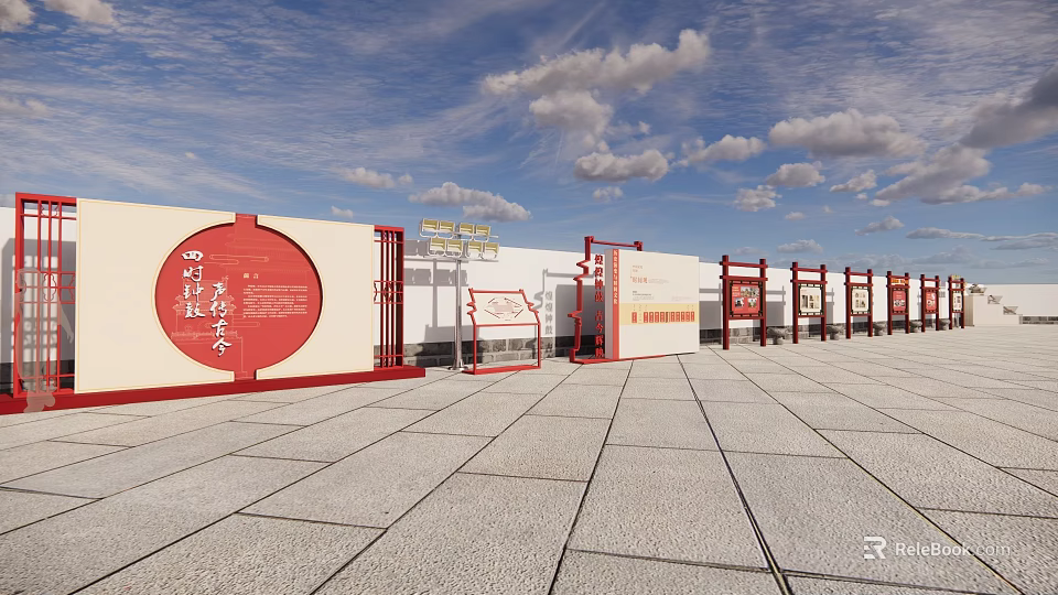 Ancient Architecture Featuring Red And White Walls Circular Decorations And Stone Pavement 3d model