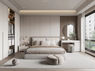 Modern Minimalist Bedroom Interior Design With Platform Bed Nightstand Round Mirror And Area Rug 3d model