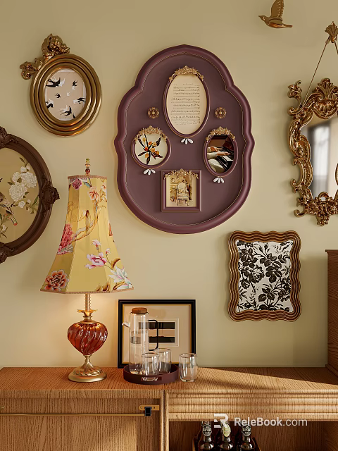 Vintage Table Lamp With Floral Yellow Shade And Red Base Among Framed Decor And Mirrors 3d model 