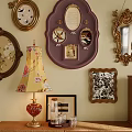 Vintage Table Lamp With Floral Yellow Shade And Red Base Among Framed Decor And Mirrors
