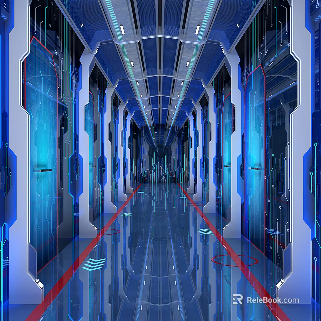 Futuristic Elevator Corridor With Blue Illuminated Walls Red Lines And Reflective Floor 3d model 