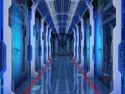 Futuristic Elevator Corridor With Blue Illuminated Walls Red Lines And Reflective Floor 3d model