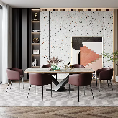 Modern Dining Table Set With Marble Top Six Brown Leather Chairs And Decorative Wall 3d model