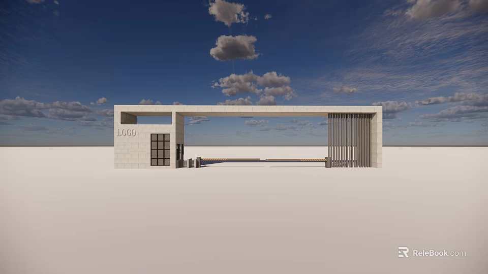 Modern White Entrance Gate With Slatted Structure And Blue Sky Background 3d model 