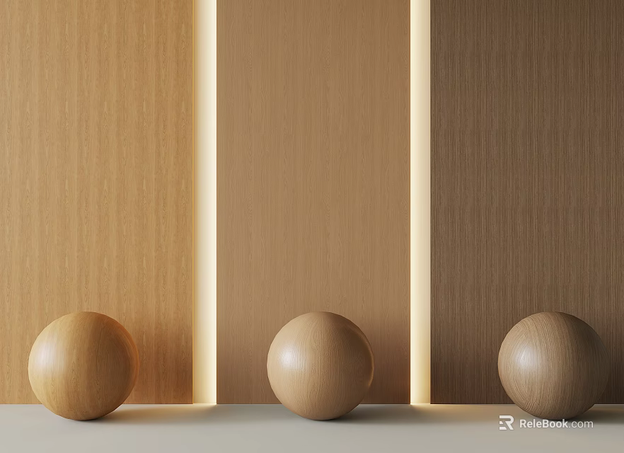 Three Wooden Spheres Arranged With Vertical Light Strips And Wooden Panels 3d model 