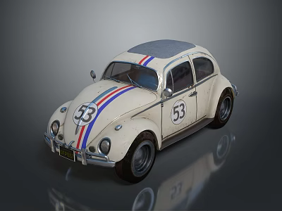 Vintage White Beetle Car With Red And Blue Stripes And Number 53 3d model