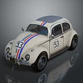 Vintage White Beetle Car With Red And Blue Stripes And Number 53