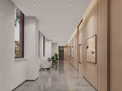 Modern Office Corridor Interior Design With Wooden Walls And Decorative Paintings 3d model