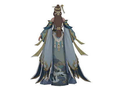 Game and Movie Character With Long Hair Blue Beige Robes Dragon Patterns And Flowing Ribbons 3d model