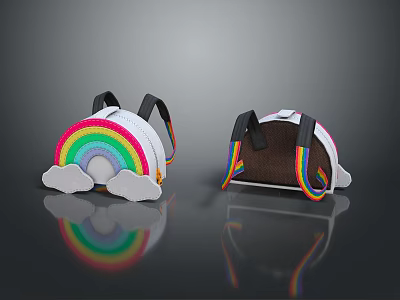 Fashionable Kids Backpacks With Rainbow Clouds On White And Brown Backgrounds And Black Straps 3d model