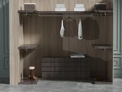 Modern Wooden Wardrobe With Hanging White Clothes Folded Items Drawer Cabinet And Shelves 3d model