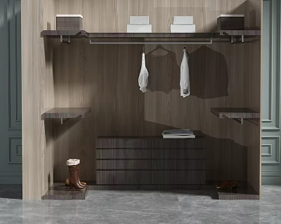 Modern Wooden Wardrobe With Hanging White Clothes Folded Items Drawer Cabinet And Shelves 3d model