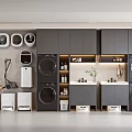 Modern Laundry Room With Gray Cabinets Washing Machines And Cleaning Appliances